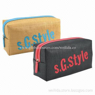 PP Straw Cosmetic Bags with PU Trimming and Embroidered Logo